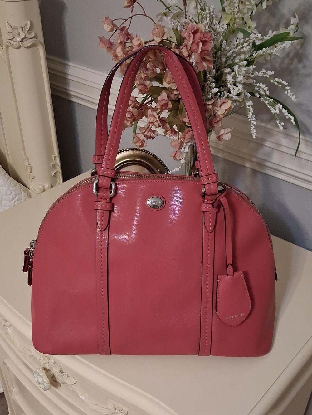 Coach Payton Cora  Pink Leather Dome Satchel with Top Handles